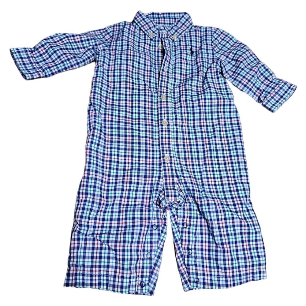 RALPH LAUREN Blue Plaid Lined Boy’s Romper Coverall - Size 3M